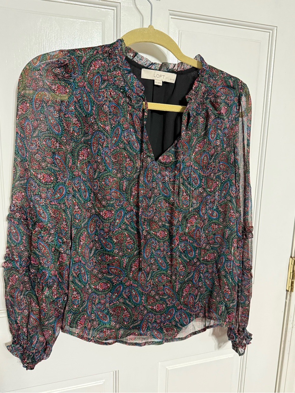 LOFT Paisley Sheer Ruffle Neck Blouse in Teal, Pink, Navy and Gold threading